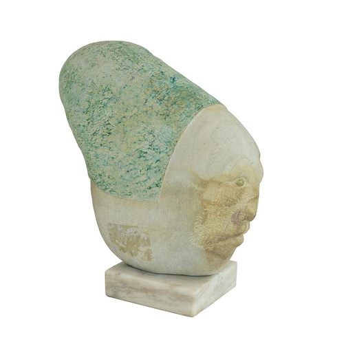 149 - Heavy carved stone bust of a female, with green staining to headscarf, mounted on a marble plinth. U... 