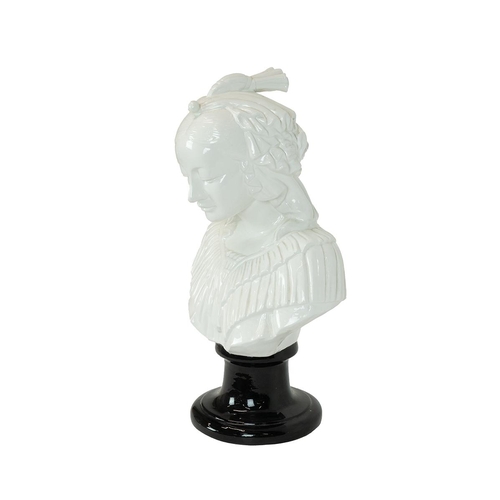 150 - White glazed ceramic bust of a female on a black glazed socle. H 54cm.