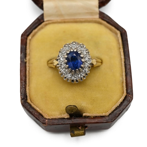 16 - 18ct gold and sapphire and diamond cluster ring, finger size Q, 4.97 grams, cased.