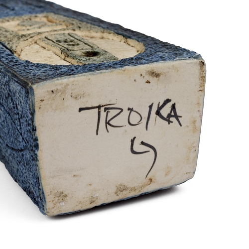 175 - Troika coffin vase signed by Louise Jinks, dating the piece to between 1976 and 1981, in blues and g... 