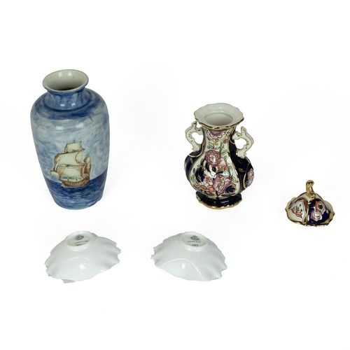 177 - Two Royal Worcester leaf bonbon dishes, a Masons Ironstone lidded potpourri with gilt lion finial (2... 