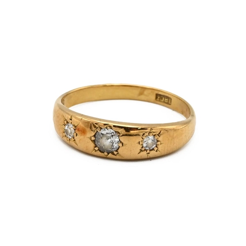 18 - Edwardian 18ct gold and three-stone diamond ring, weighing approximately 0.35 carats, 3.48 grams, fi... 