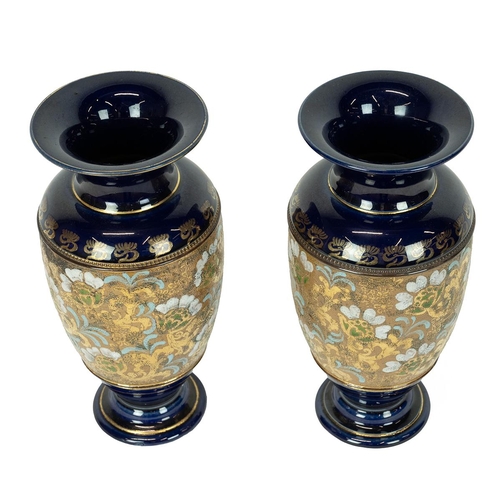 180 - Royal Doulton Slater's Patent ware - a pair of baluster form vases in blues and gold. H 27cm.