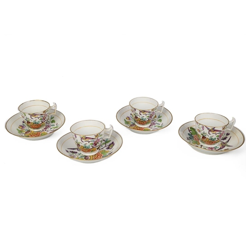 186 - New Hall early 19th Century bat printed and hand coloured part tea set comprising four cups, four sa... 