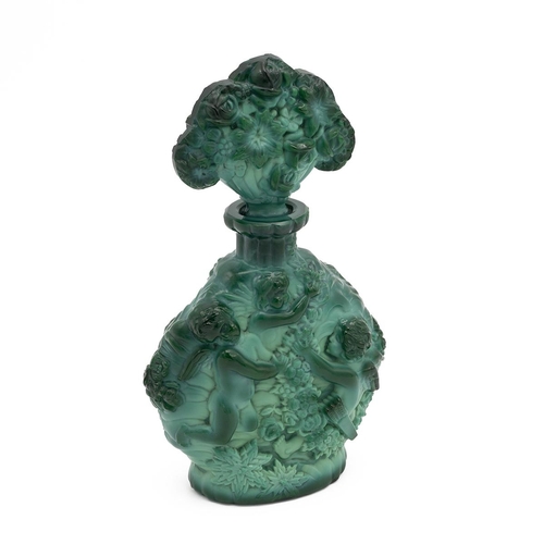 191 - Pressed Malachite glass scent bottle in the manner of Schlevogt & Hoffman, decorated with cherubs an... 