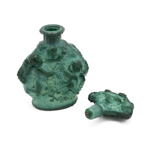 191 - Pressed Malachite glass scent bottle in the manner of Schlevogt & Hoffman, decorated with cherubs an... 