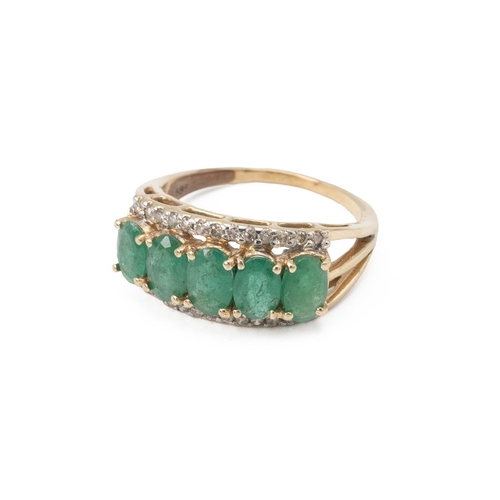 2 - 14ct gold, emerald and white stone cluster ring, the curved setting set with five emeralds surround ... 