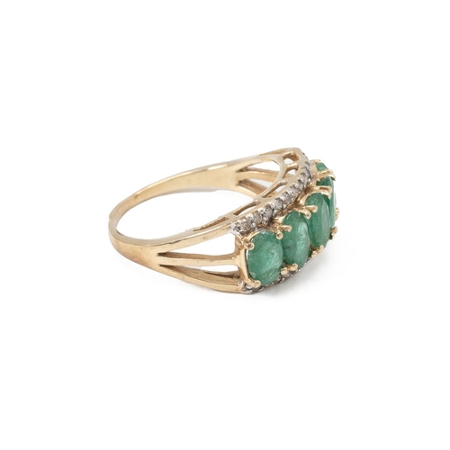 2 - 14ct gold, emerald and white stone cluster ring, the curved setting set with five emeralds surround ... 