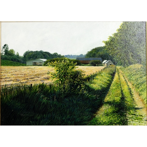 221 - Gordon Joy (born 1948) - 'North Farm', acrylic on board, 1986, signed with initials 'JG' lower right... 