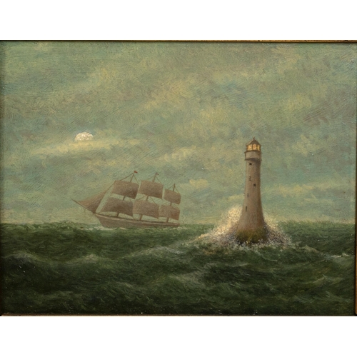 223 - 20th Century British School, A Lighthouse and a Sailing Ship by Moonlight, oil on board, 19cm x 24cm... 