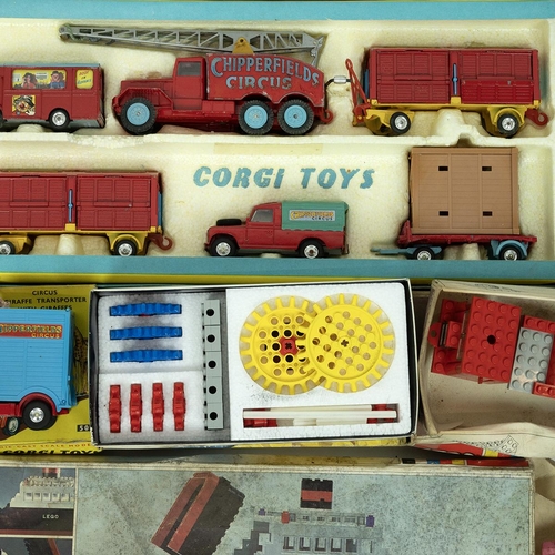 237 - Box of vintage toys. Including boxed Corgi Simon Snorkel Fire Engine 1127; boxed Corgi Machinery car... 