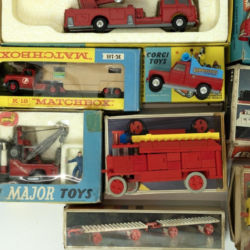 237 - Box of vintage toys. Including boxed Corgi Simon Snorkel Fire Engine 1127; boxed Corgi Machinery car... 