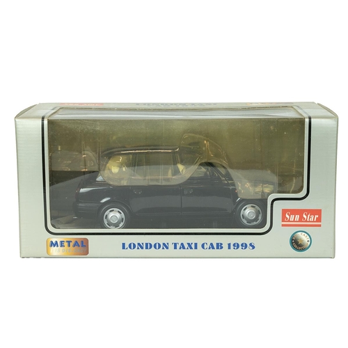 241 - Boxed vintage cars. Comprising boxed Sun Star 1:18 die cast London Taxi cab 1998; boxed Corgi Showma... 