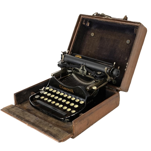 246 - Antique Corona 3 folding portable typewriter, black enamel body, original brown leather case.