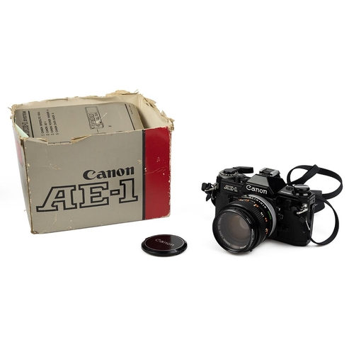 250 - Vintage cameras. Canon AE1 in box with FD 50mm 1:1.4 lens, and Pentax A3 in soft case with lenses- p... 