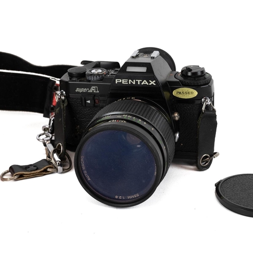 252 - Pentax Super A1 camera with vivitar 55mm 1:2.8 lens. Together with leather carry case and a group of... 