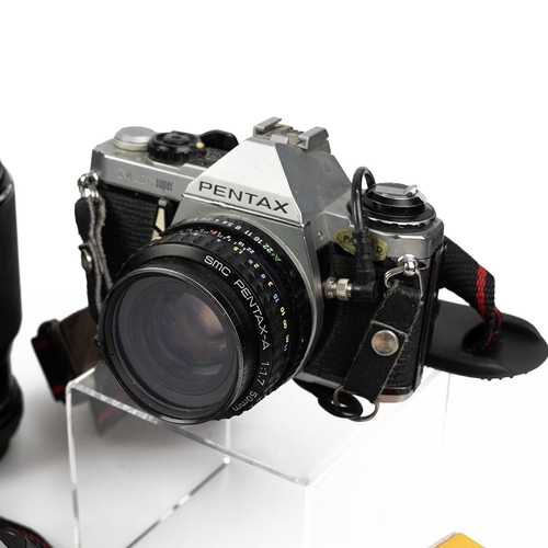 253 - Vintage 35mm cameras and equipment. Pentax MG camera with pentax-m 50mm 1:1.7 lens; Pentax ME super ... 