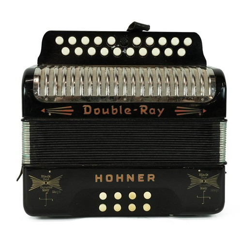 259 - Hohner double-ray medoleon / accordion. Made in Germany, 21 treble and 8 bass buttons, Gloss black f... 