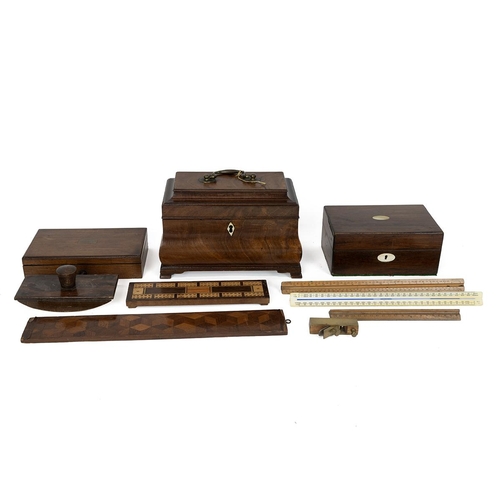 266 - A collection of wooden boxes to include a bombe shape rosewood tea caddy, mahogany box, oak cased dr... 