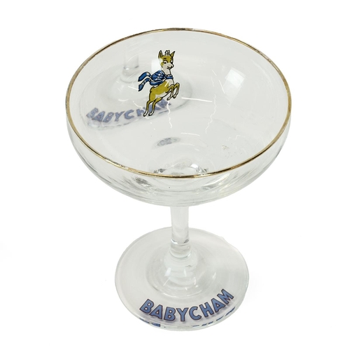 273 - 7 Babycham glasses, World Cup Willie glass and World Cup Willie keyring and a Royal Doulton toast ra... 