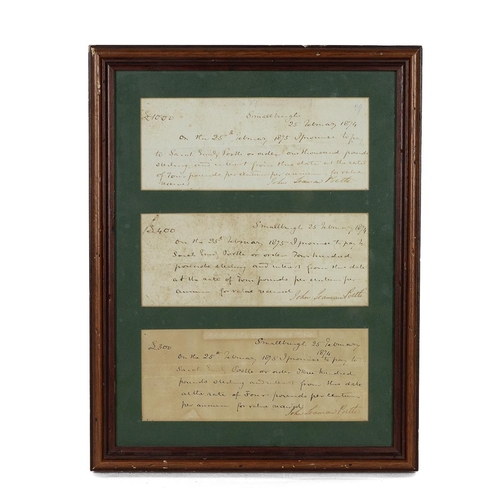 293 - Framed 3x paper 1874 handwritten 'Bill of Promise' each with blind stamp mark and amount of £1000, £... 