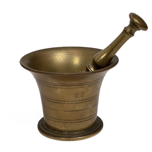 305 - Two brass preserve pans with fixed iron strap handles, a brass mortar and pestle and a large  three ... 