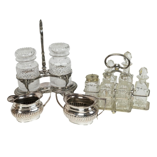 308 - Silver-plated items to include a kettle on stand, large oval tray, condiment set, tea service and ot... 