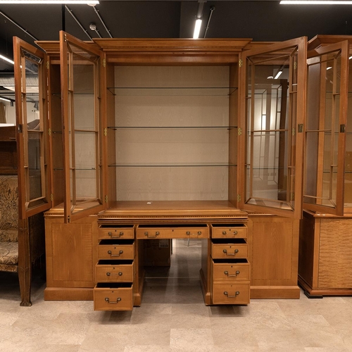 320 - Large bespoke contemporary breakfront display cabinet with integrated desk. Four glazed doors to upp... 