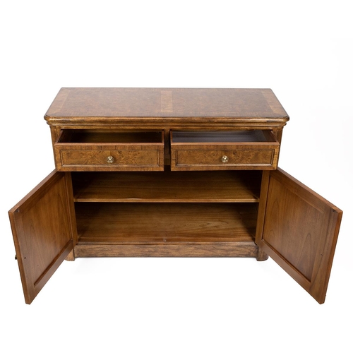 325 - John Lewis Contemporary Sideboard. Burr and banded walnut with brass handles. Two drawers above with... 