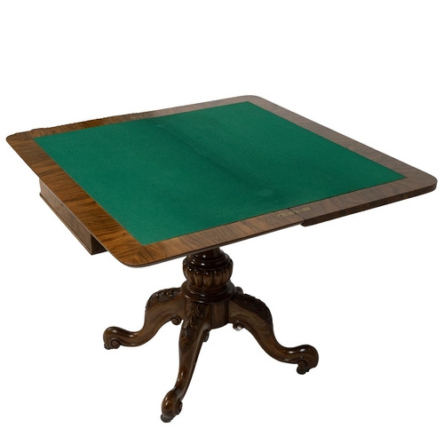 327 - Fold over pedestal card table, 19th Century. Burr Walnut top with carved walnut base. Opens to green... 