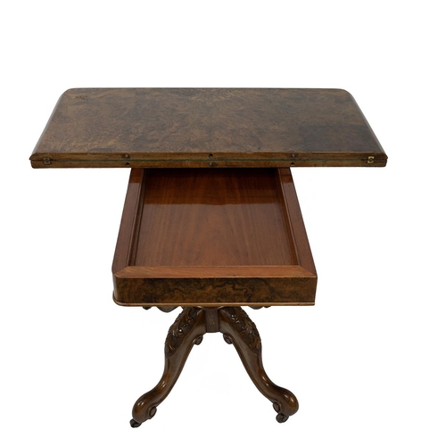 327 - Fold over pedestal card table, 19th Century. Burr Walnut top with carved walnut base. Opens to green... 