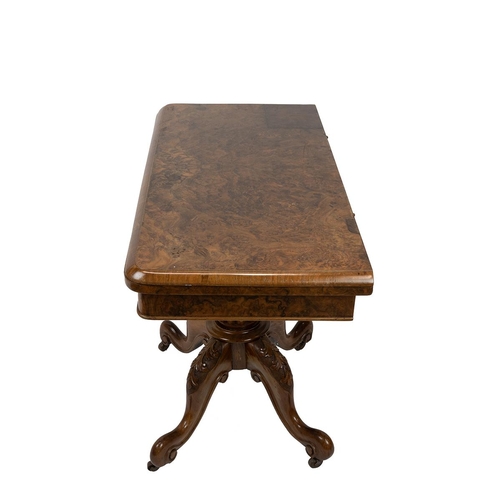 327 - Fold over pedestal card table, 19th Century. Burr Walnut top with carved walnut base. Opens to green... 