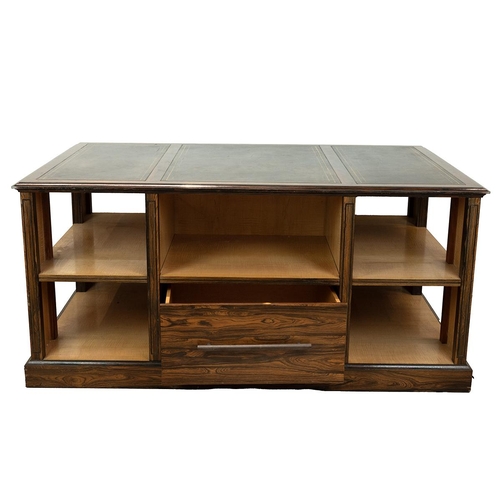 328 - Contemporary large library centre table. Rosewood and maple veneer with gilt tooled leather top. Ope... 