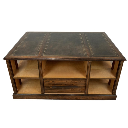 328 - Contemporary large library centre table. Rosewood and maple veneer with gilt tooled leather top. Ope... 