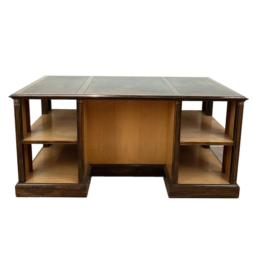 328 - Contemporary large library centre table. Rosewood and maple veneer with gilt tooled leather top. Ope... 