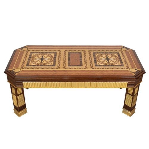 330 - Contemporary parquetry inlay coffee table. Mahogany construction with gilt wood details and gilt bra... 