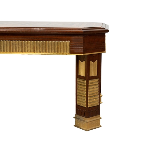 330 - Contemporary parquetry inlay coffee table. Mahogany construction with gilt wood details and gilt bra... 