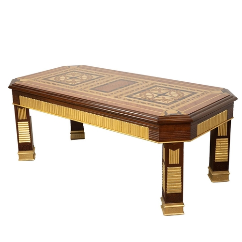 330 - Contemporary parquetry inlay coffee table. Mahogany construction with gilt wood details and gilt bra... 