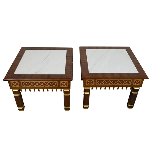 332 - Pair of contemporary bespoke square console tables. Mahogany body with maple and walnut inlay and gi... 