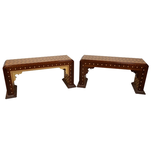 334 - Non identical pair of contemporary bespoke Mahogany & Maple oversized console tables (2). Herringbon... 