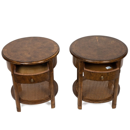 338 - Pair contemporary John Lewis circular coffee or sofa tables (2). Burr and straight walnut constructi... 