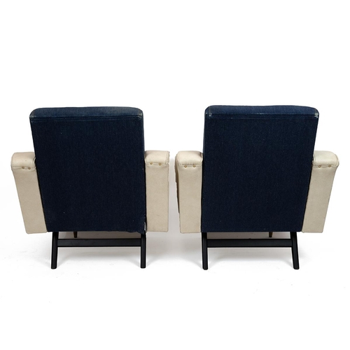 342 - A pair of 1950's lounge armchairs with original leatherette arms and base, the backs having been reu... 