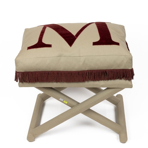 348 - 19th Century X framed wooden stool and cushion quite recently reupholstered  in thick linen with red... 