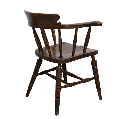 350 - Antique smokers / captain's chair, beech with elm seat, late 19th century. H 80cm, W 67cm, D 56cm. 