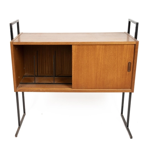 353 - Vintage mid century Interflex modular teak record cabinet, similar to Ladderax. Square tubular uprig... 