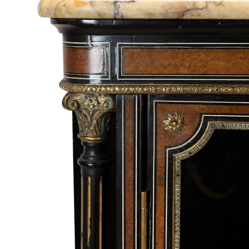 356 - Victorian ebonised and amboyna marble top display cabinet. Glazed doors with three adjustable shelve... 