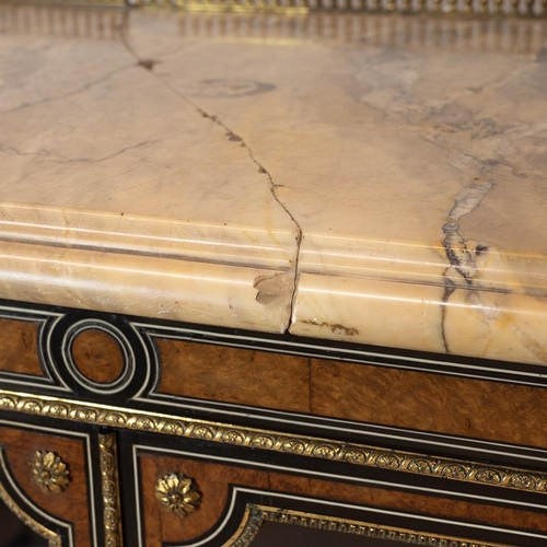 356 - Victorian ebonised and amboyna marble top display cabinet. Glazed doors with three adjustable shelve... 