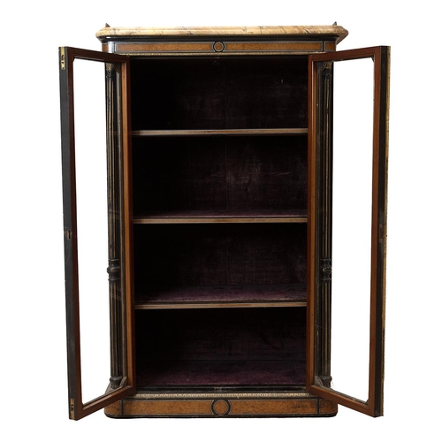 356 - Victorian ebonised and amboyna marble top display cabinet. Glazed doors with three adjustable shelve... 