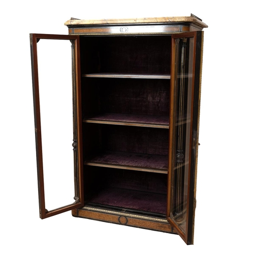 356 - Victorian ebonised and amboyna marble top display cabinet. Glazed doors with three adjustable shelve... 