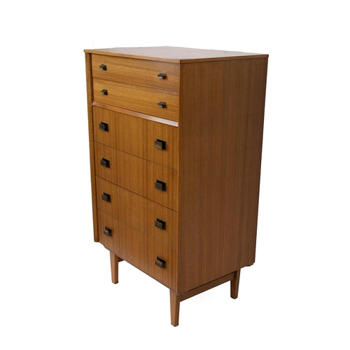 360 - Teak mid century tallboy / chest of drawers. Two small drawers over four deeper drawers, rectangular... 